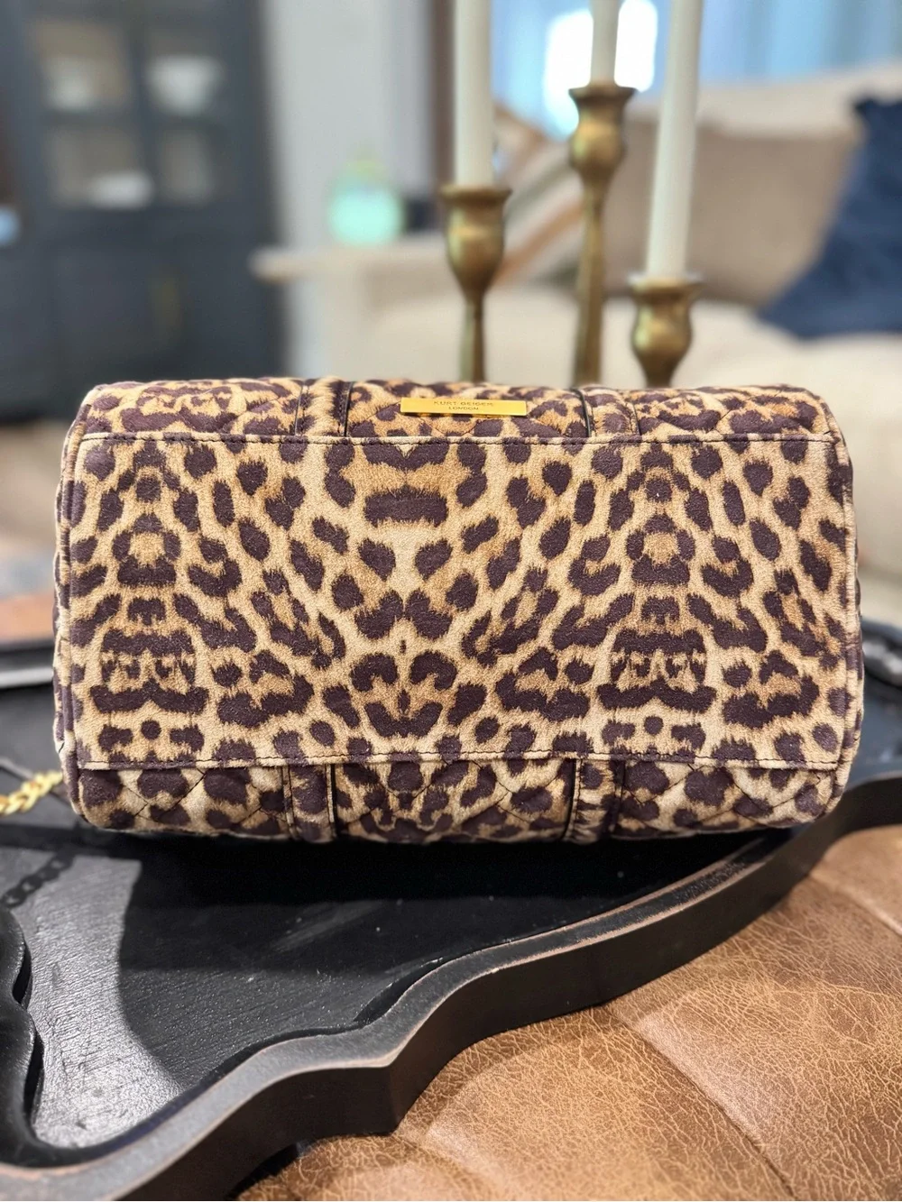 Kurt Geiger Kensington Leopard Boston Quilted Barrel Bag Purse-  Gold Hardware
